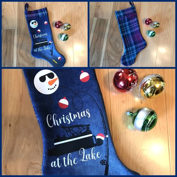 Handmade Denim Christmas Stocking: Lake Cabin Decor, Pontoon Fishing, Size S-M - Picture 7 of 7